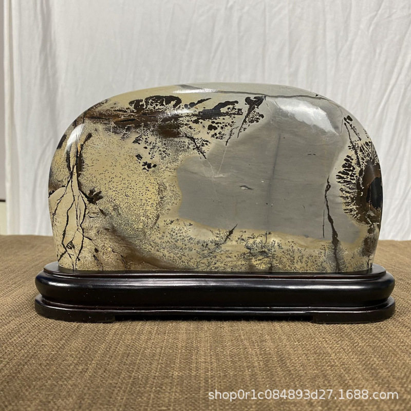 国画石摆件家具书房风景水墨画原石摆件水草花意境山水画石摆台