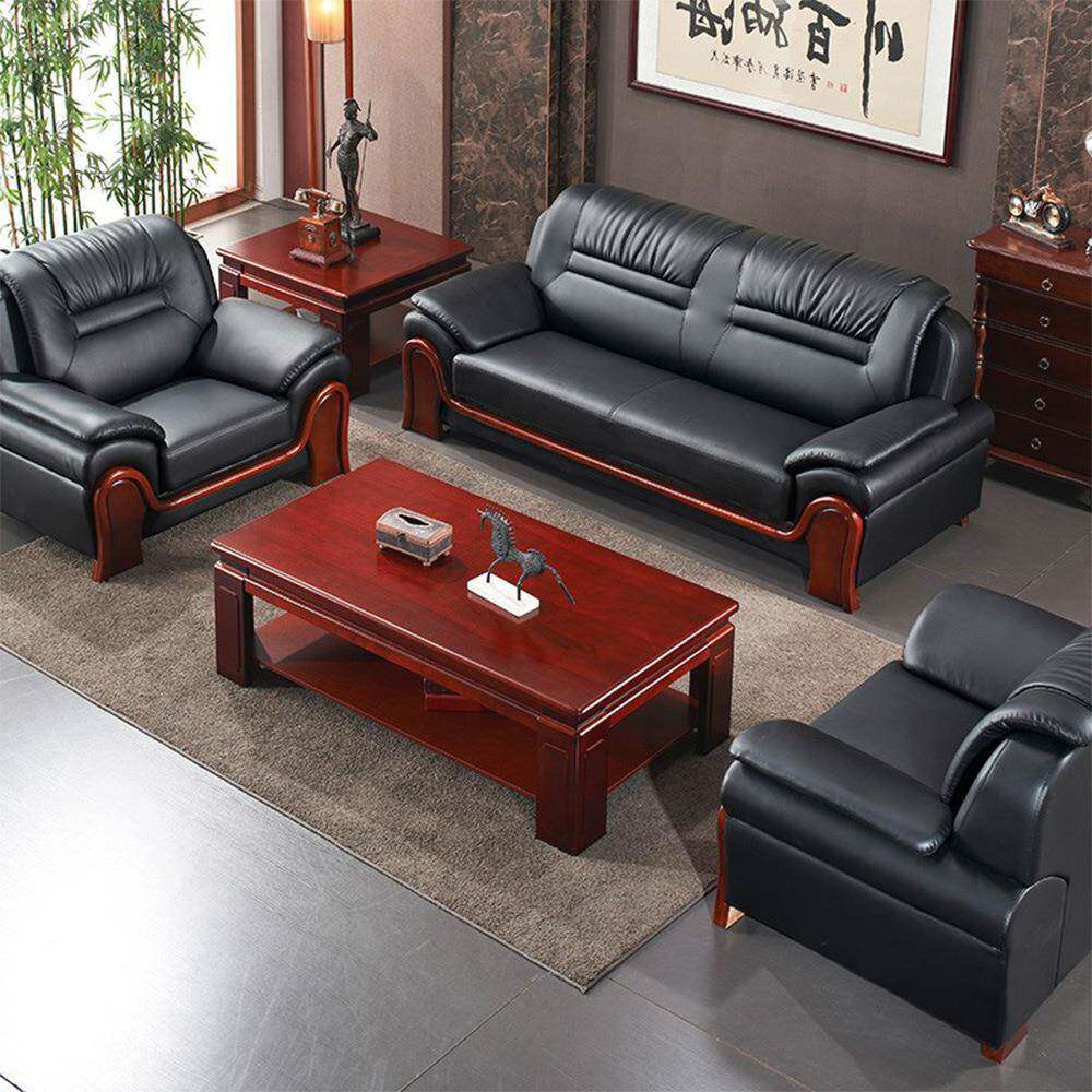 新中式实木沙发真皮酒店三人沙发会客室贵宾区办公室沙发茶几组合
