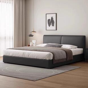 意式极简黑色真皮床薄床头主卧豆腐块床现代简约小户型双人储物床