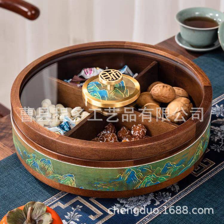 桃花心木防潮点心盒中式简约装饰木质干果盒千里江山实木干果盒