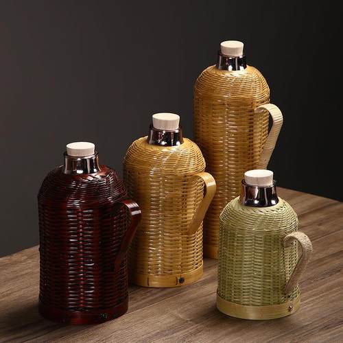 手竹工竹编纯热水壶复古老保温瓶家用编暖668壶玻璃内胆开式水壶