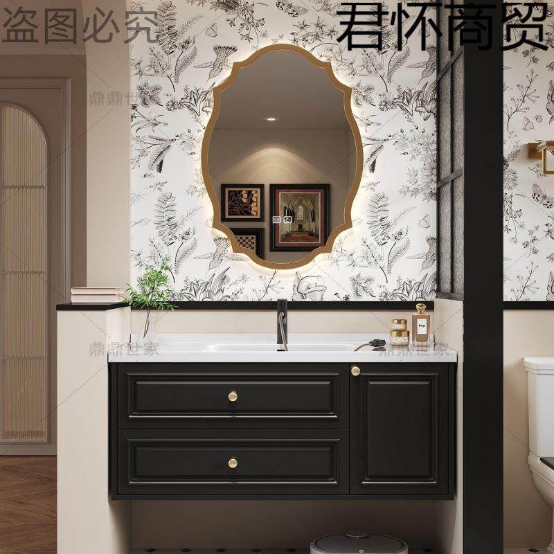 户法式复古中古风浴室柜多层111实木黑美式洗手池陶瓷小一体盆型