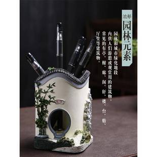 复古中国古风笔筒国潮微景观装饰办公模型中式徽派古建筑桌面摆件