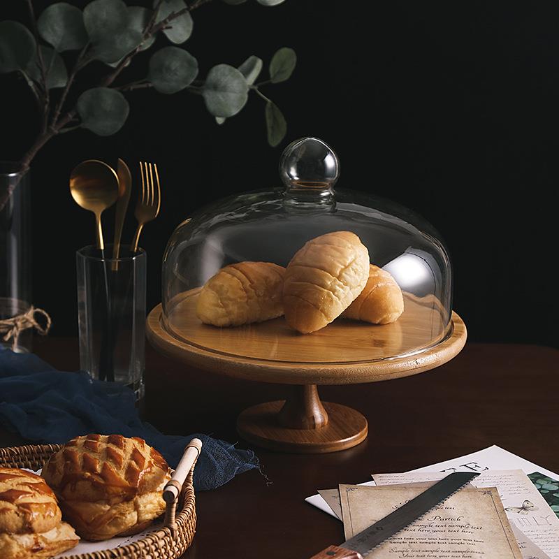 创意透明尘蛋糕蛋玻甜璃盖食物DGP罩高脚糕盘品防台玻璃罩带竹木