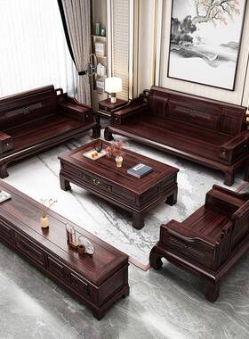 乌金木柜实木沙发茶电几视组合冬夏两式用别墅仿古典23686新中客