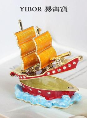 抖摆音百货金属珐JH3023琅首饰手盒礼品帆船客厅办桌面小摆件公桌