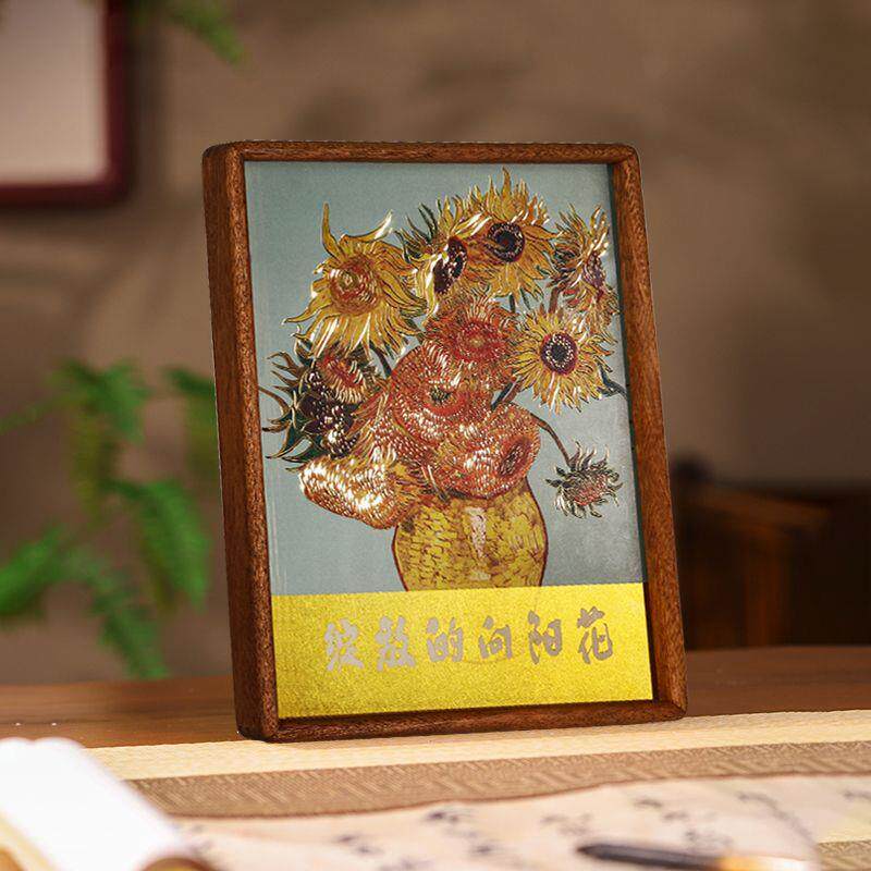 绽放的向阳花铜雕画桌面摆件梵高向日葵欧式花卉现代装饰画摆台