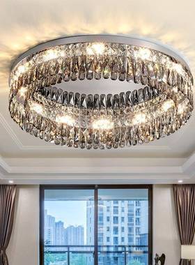 轻奢烟灰色吸顶水晶灯客厅餐厅卧室房间LED灯简约现代灯饰圆形灯