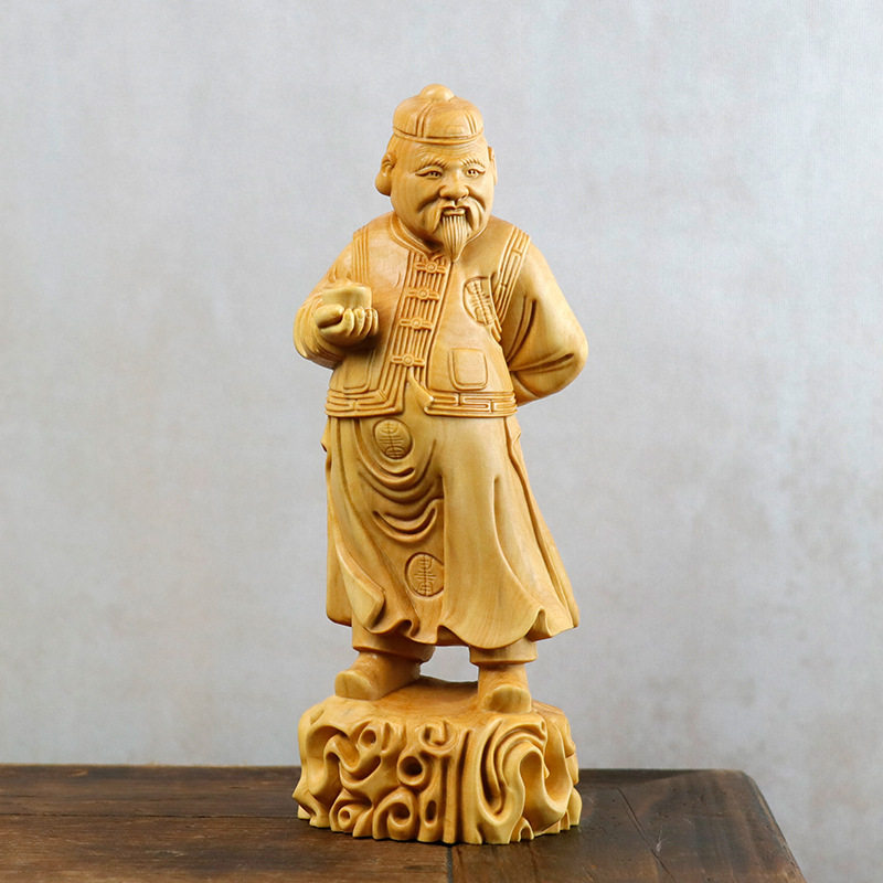 黄杨木雕地主摆件汽车饰品中式人物客厅工艺品木质手把件财主