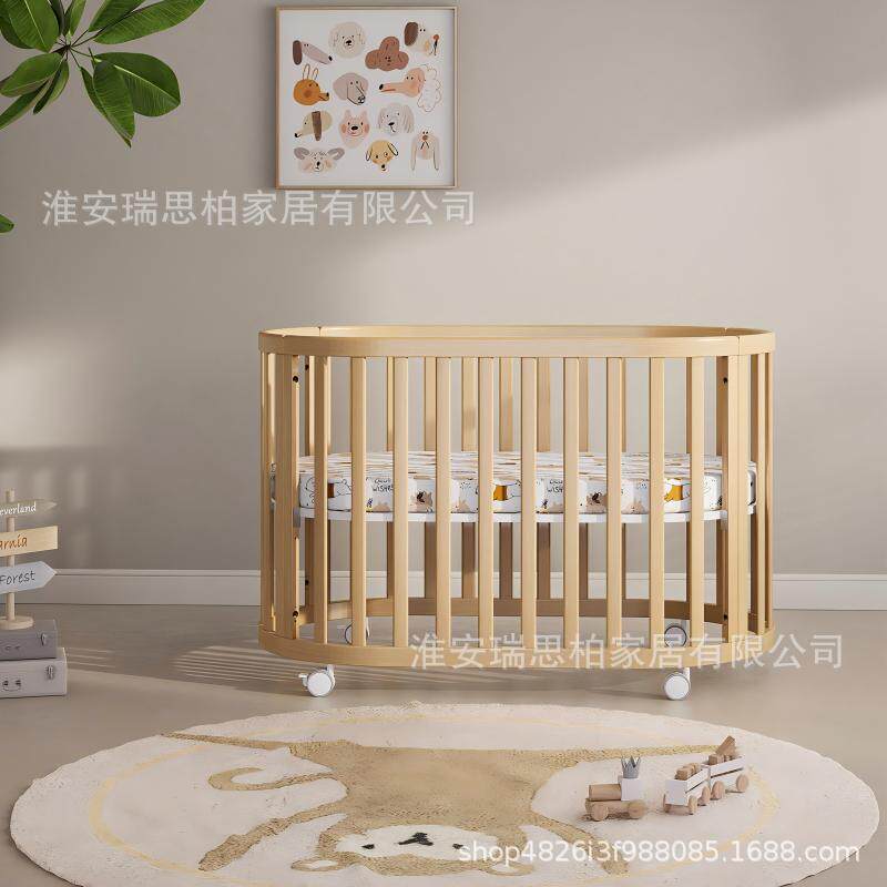欧式婴儿床白色油漆床圆床实木宝宝床新生儿摇篮床多功能可拼接床