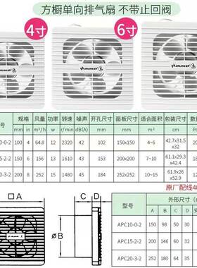 换气扇8寸厨房卫生间方形圆A玻53800璃橱窗风扇PC20-3-2排孔风扇