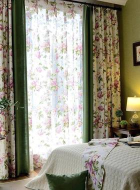 美式乡14615村棉麻花田园鸟窗客帘帘厅卧室阳台半遮光成品窗布料