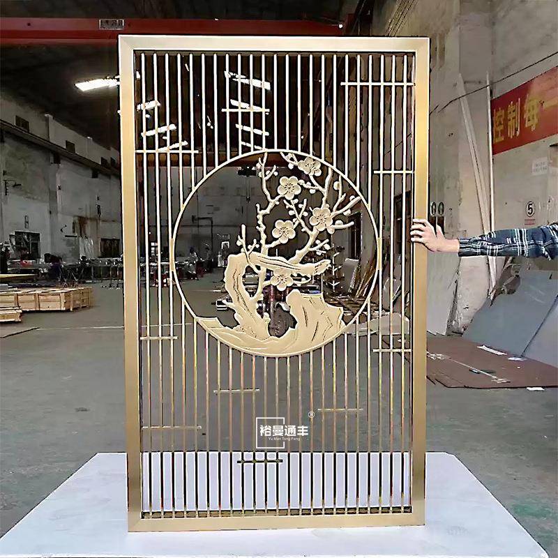 酒风店餐中厅大堂装饰艺隔术玻璃圆形屏断新式不锈钢山水屏风