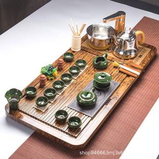 紫砂功实夫茶具套装 家用陶瓷茶壶杯磁电热炉94547台木茶盘定制log