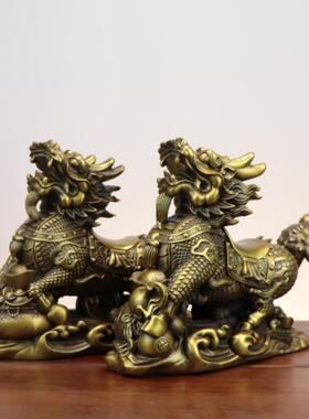铜麒麟摆件一家对聚宝盆麒麟用办室厅玄关XOV客桌面铜摆公件礼品