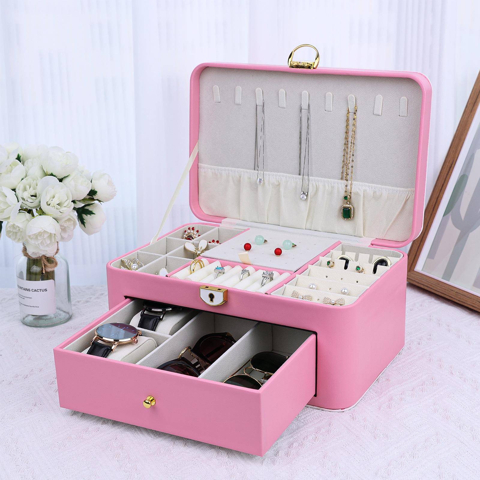 层PU皮革NEW角圆双高档首饰盒U皮革珠宝收纳整理展示包P装盒