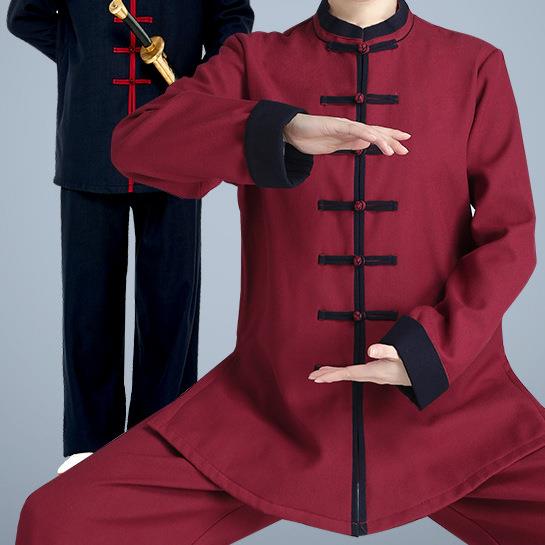 棉麻太极服女秋冬季加绒加厚太极拳练功服女武术服装男士套装