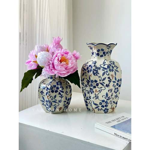 新中式级感青花瓷陶花瓷花瓶摆高件客厅插花复芍药桌BAO面装饰古