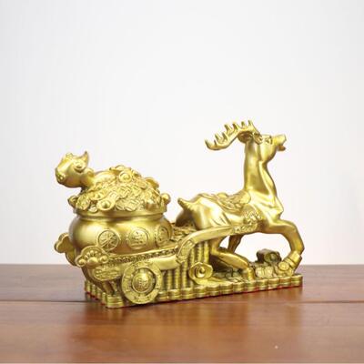 黄铜福拉鹿车摆件拉元宝金钱聚宝000007盆家居客鹿厅装饰梅花鹿路