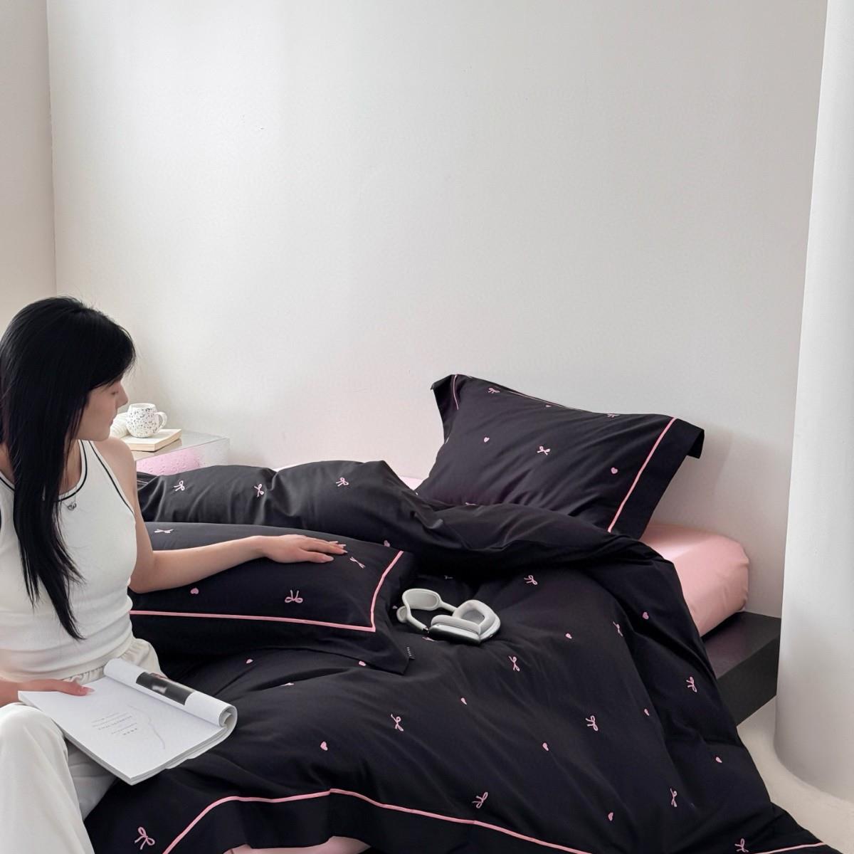 长绒棉四件爱心刺绣高档少女套心清新色黑色被套粉床单YLS-2025床