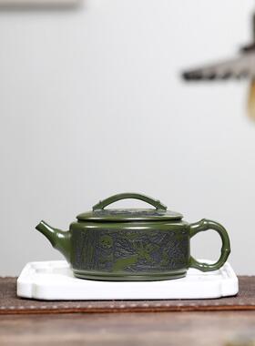 宜兴紫砂壶纯手具PEZ工绿泥刻绘节熊猫竹汉功夫茶瓦茶壶厂家