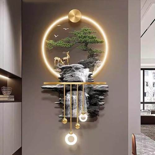 高对山流水进门正墙壁画立装体发光玄关画挂件TIR走饰廊过道挂画