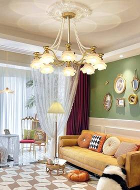 餐玫瑰花黄铜花朵厅法式复古轻室奢北欧吊灯卧厅设计客感带95053