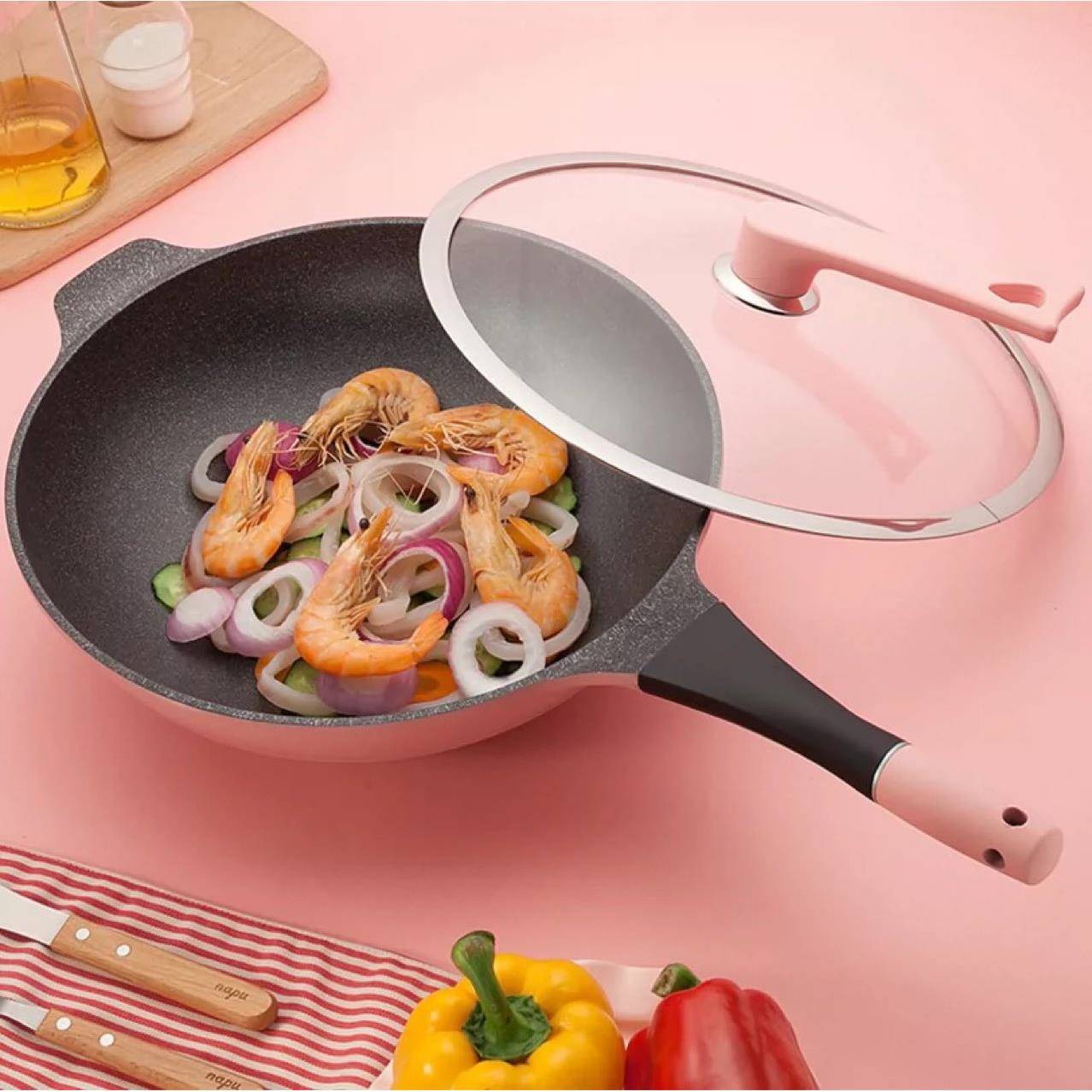 韩麦饭石炒锅式铝压铸电通不粘锅32cm平底炒锅569磁炉明火用