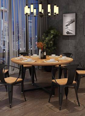 简约实000224木t大圆桌美lof铁艺餐圆形酒店桌饭店小户型家用饭式