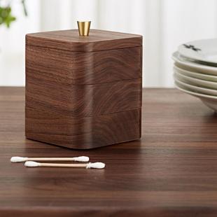 式 日黑桃意00054木牙线盒牙签棉签桌面实木收胡纳盒多层首饰创木