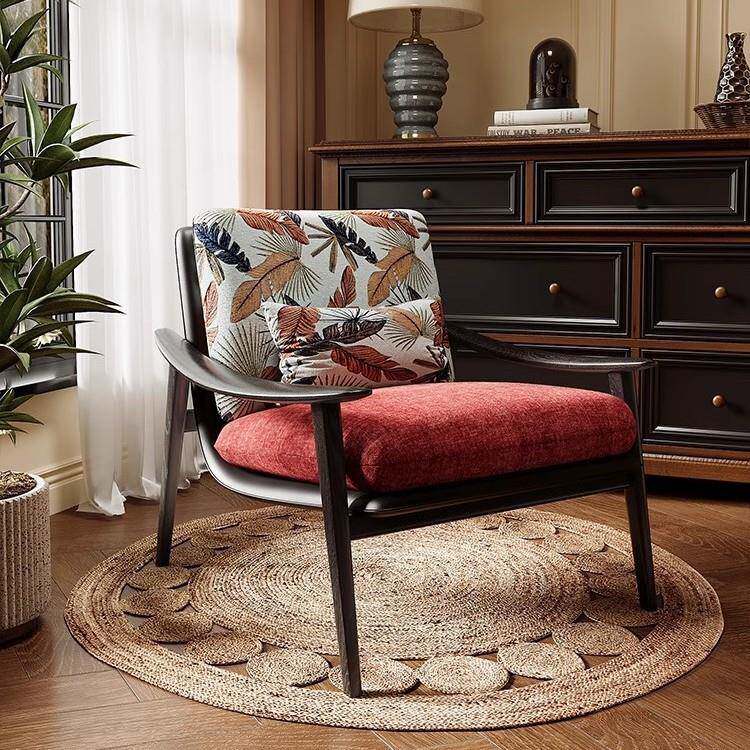 可拆洗中古风单人沙发椅设计师家用客厅复古美式实木美式休闲椅子