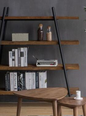 原木书架架铁艺置物33724落地靠墙简客实约木厅多层一字板收纳展