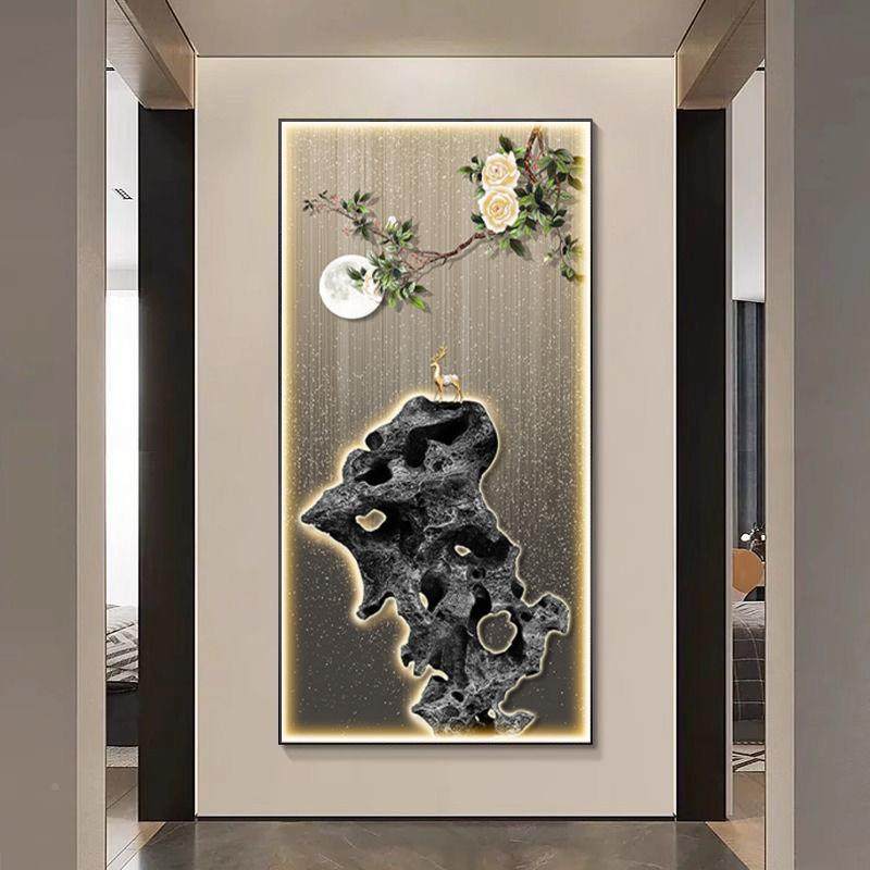 现代轻走奢玄关装饰画高档墙廊客道厅面石来运转挂画过竖版壁9834