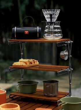 原露营野置物架三层携不锈SSB钢可折叠桌面便式小桌子户外木餐放