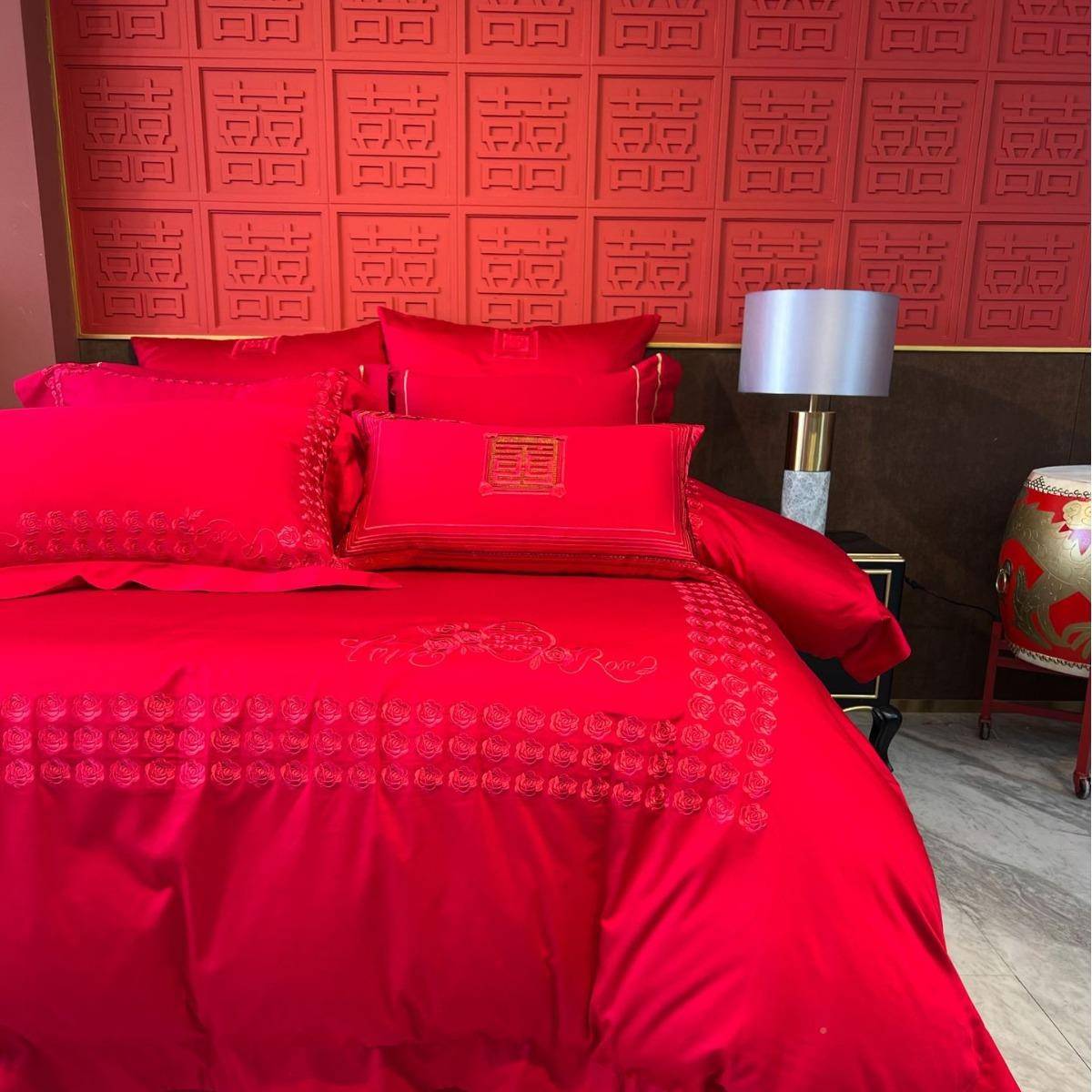 庆四婚件套品婚748嫁新婚床事用喜品红色全棉被套玫瑰花刺绣婚房