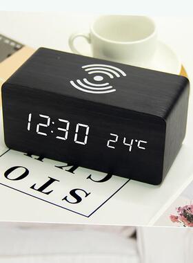 厂闹意家LE声D电子钟创EC-W030数字闹钟无线充钟控唤醒温度款木钟