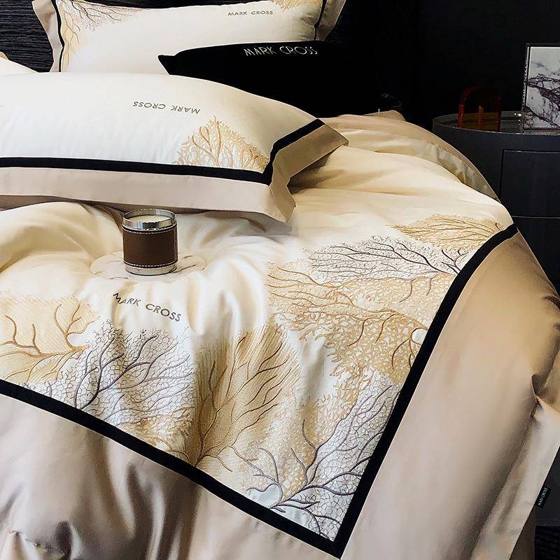 轻100支长绒棉纯棉四件套约双634色简拼接.刺绣被套全棉18奢床上