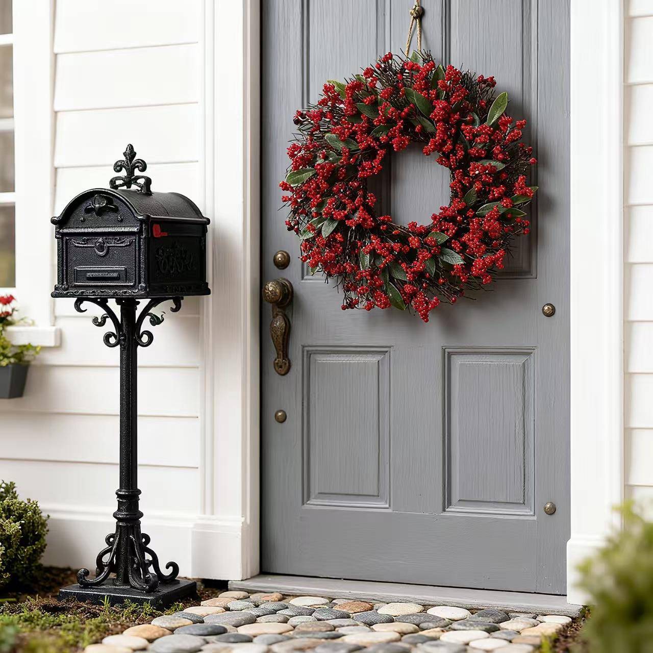 613款圣诞节装饰花环红果新插枝叶子商场布景门挂圈仿真花塑料藤