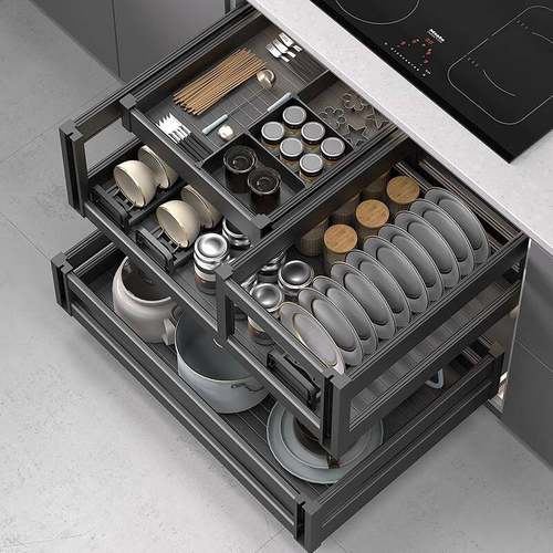 厨房拉篮厨房橱柜铝合金双层收纳碗碟架抽中抽