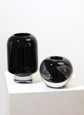 简约璃现代黑色小软口厚底琉花瓶谈桌面水培鲜花干花装BY6061琉璃