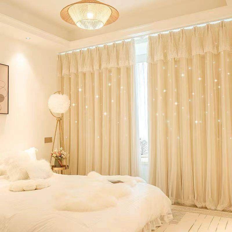 3.5一706米镂空布星星窗帘遮光卧室少女飘窗双层纱体公布主风厂