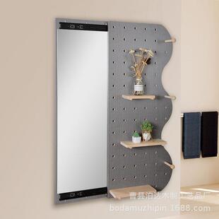 可遮挡波浪形木质洞洞板推拉全身镜隐藏式可移动玄关置物架穿衣镜