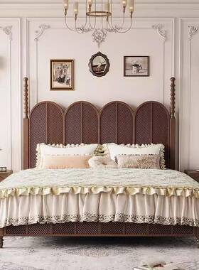 式全实13295木床一米八主卧复婚古美黑色中古风双人花床雕罗马柱