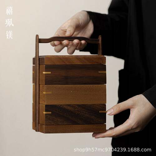 禧珮镁胡桃木三层收纳手提盒实木提篮水果茶点盘户外便携茶具食盒