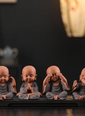 新中紫砂禅意四不小和尚茶宠摆架件式博古茶台面可桌YVE爱小沙弥