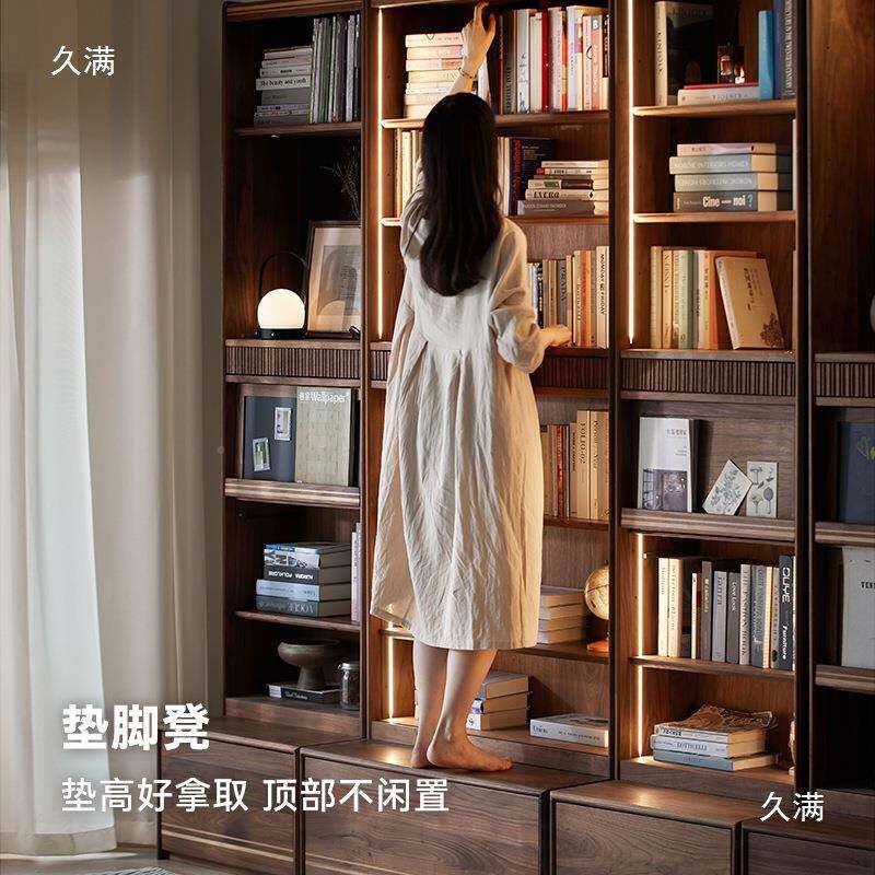 星罗满墙卡书座柜书柜体整墙一客厅北美黑胡桃实木JSQ架组合灯光