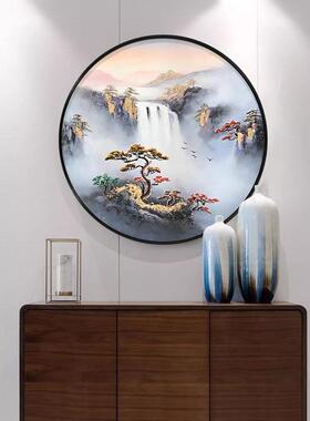 SI6K新中式入户正对墙玄挂客厅带灯圆形装饰画手绘山水油画关F766
