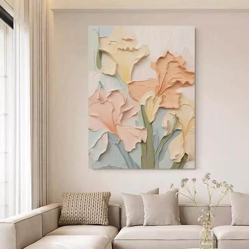 纯手绘油画花好工月圆现代简厅花卉肌理画手立体餐客厅装QWE-2302