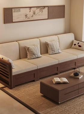 宋美学实木沙TIV发四人位冬夏两用储物中式新宋代家具氏头木布艺