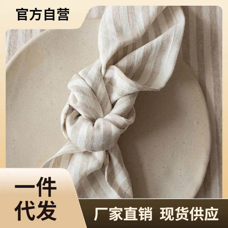 ⇗法国水洗纯亚麻1cm色织条纹桌布餐巾布文艺范家居布艺可尺寸